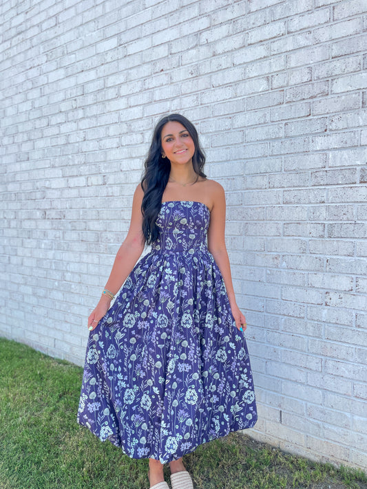 Kaitlyn Floral Strapless Midi Dress