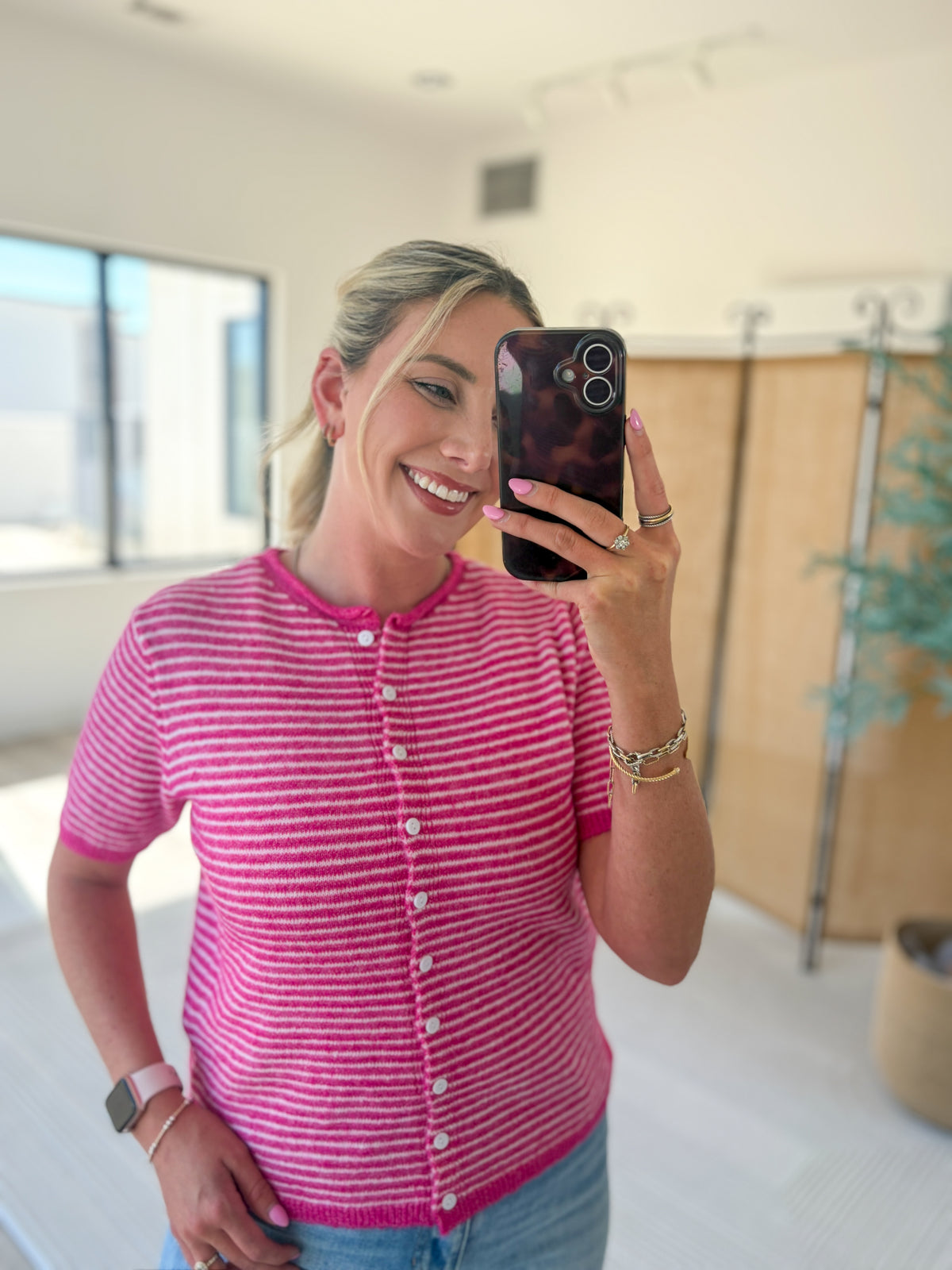 Short Sleeve Striped Cardigan
