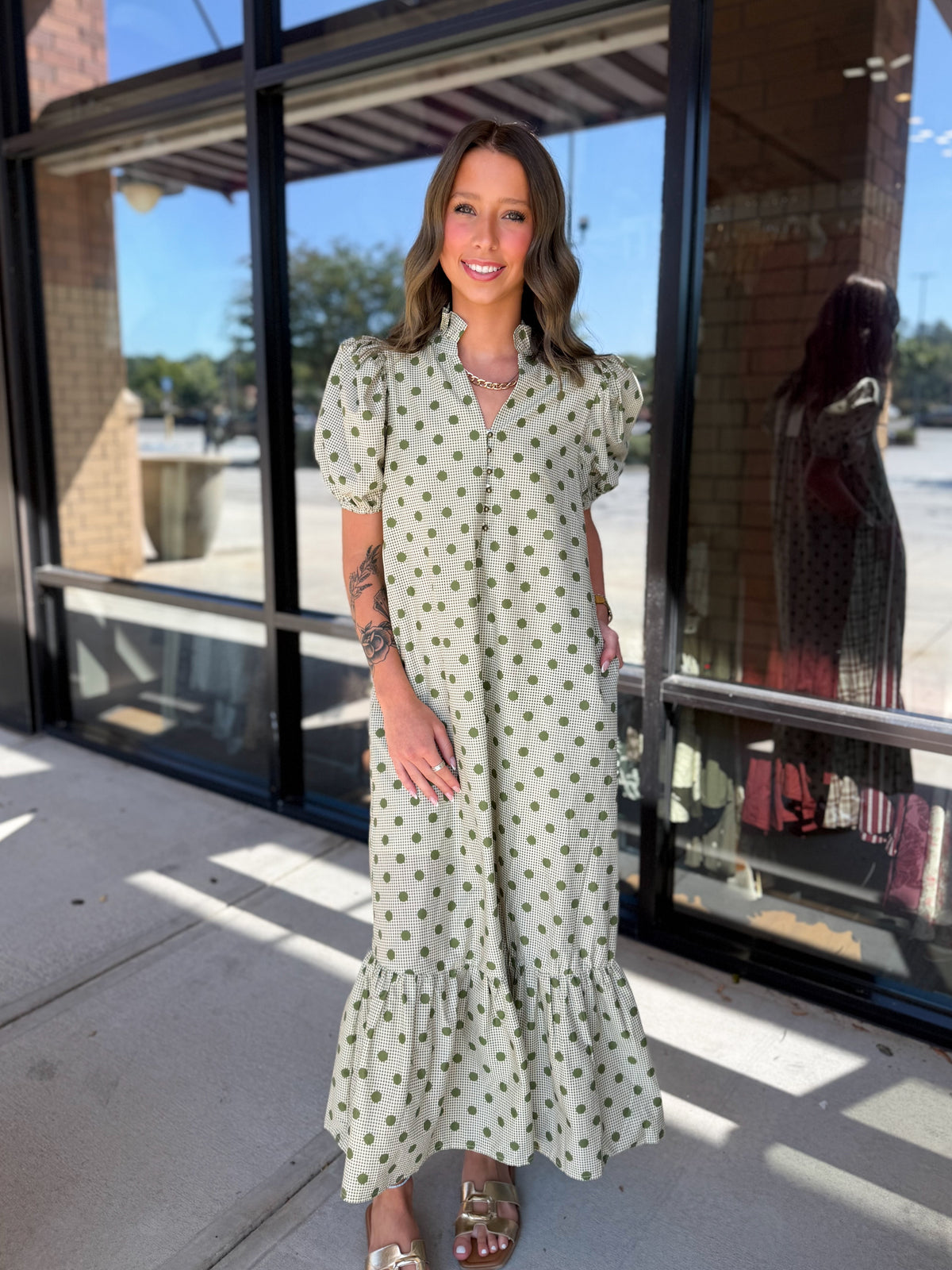 Polka Dot Puff Sleeve Midi Dress