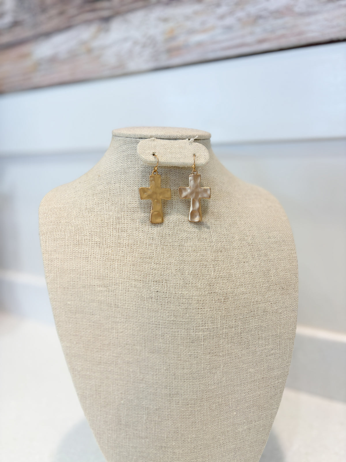 Matte Gold Hammered Cross Earrings