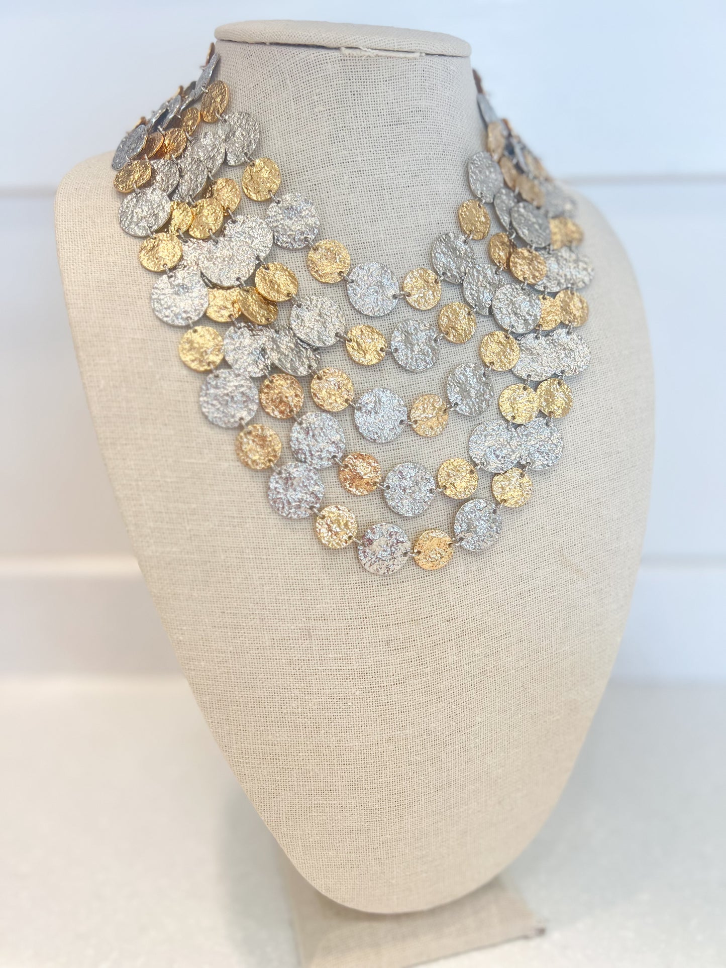 Chunky Layered Hammered Gold & Silver Necklace
