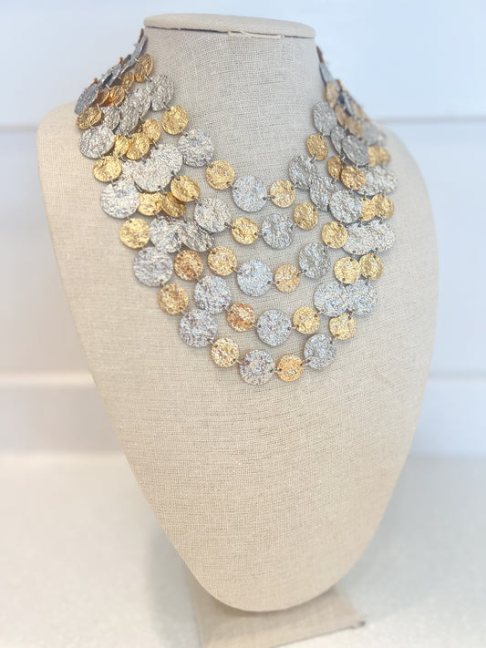 Chunky Layered Hammered Gold & Silver Necklace