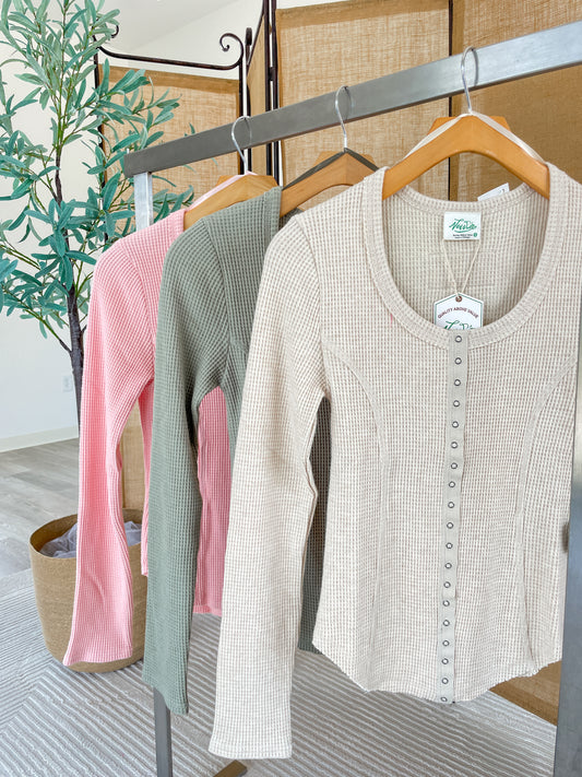 Waffle Knit Button Up Top