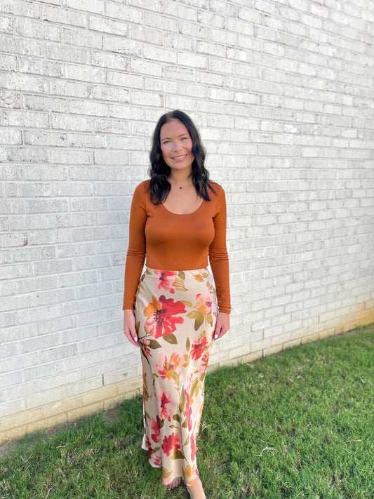 Satin Floral Midi Skirt