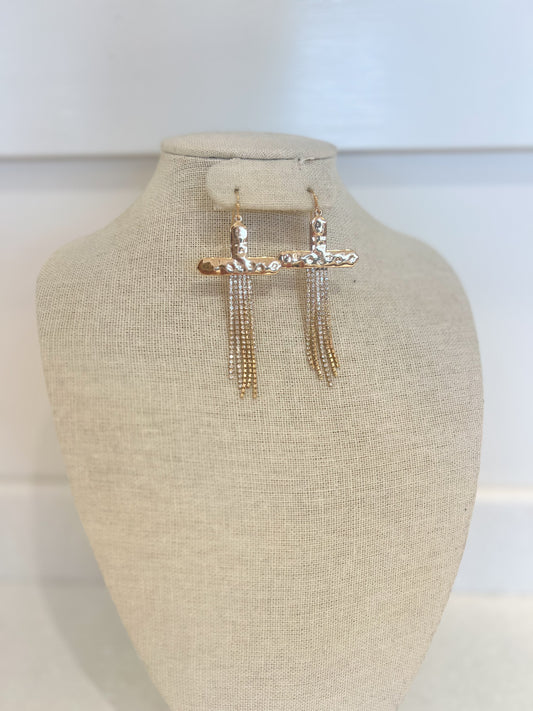 Gold Rhinestone Cross Earrings