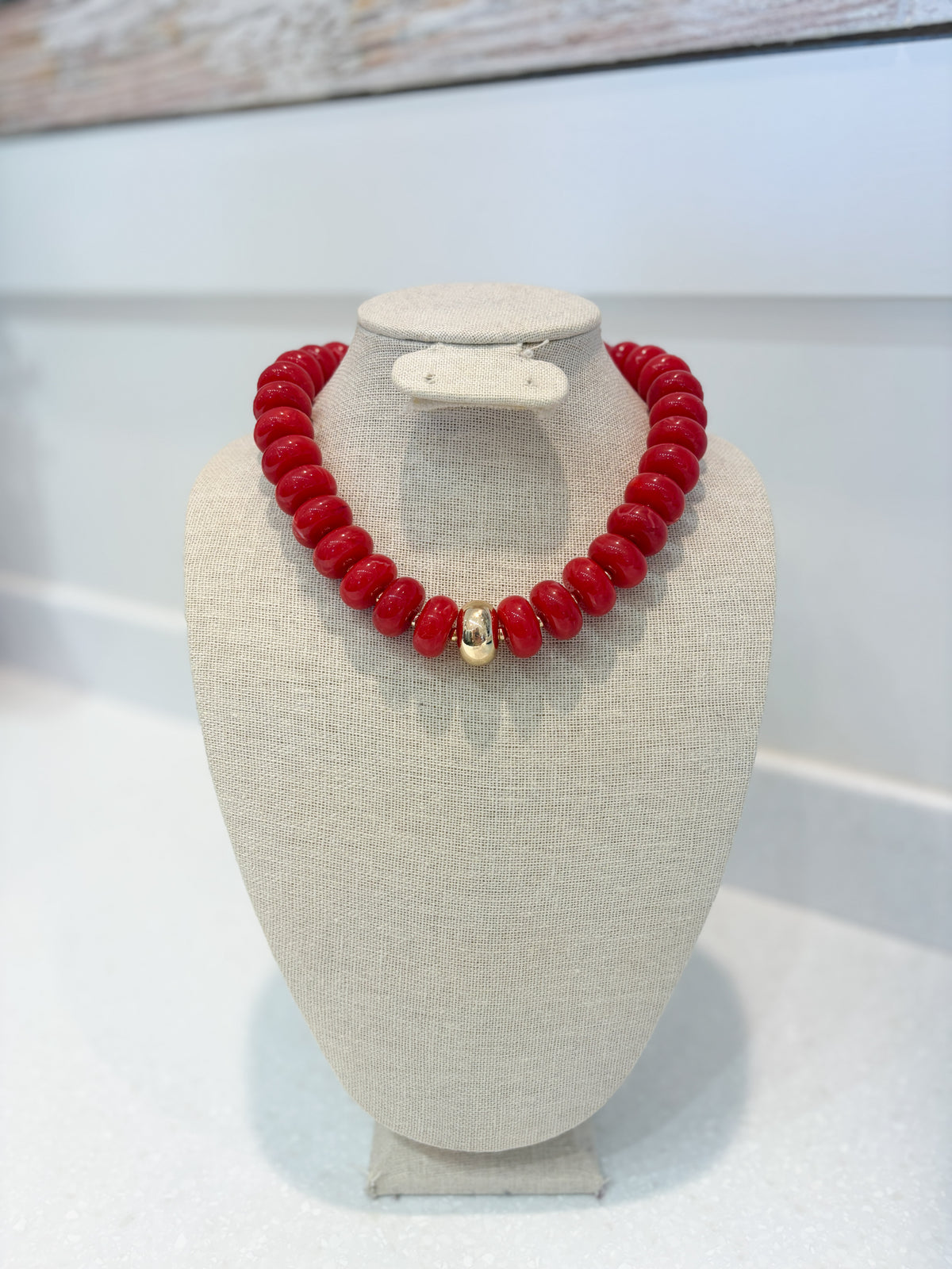 Flat Bead Chunky Necklace - Red