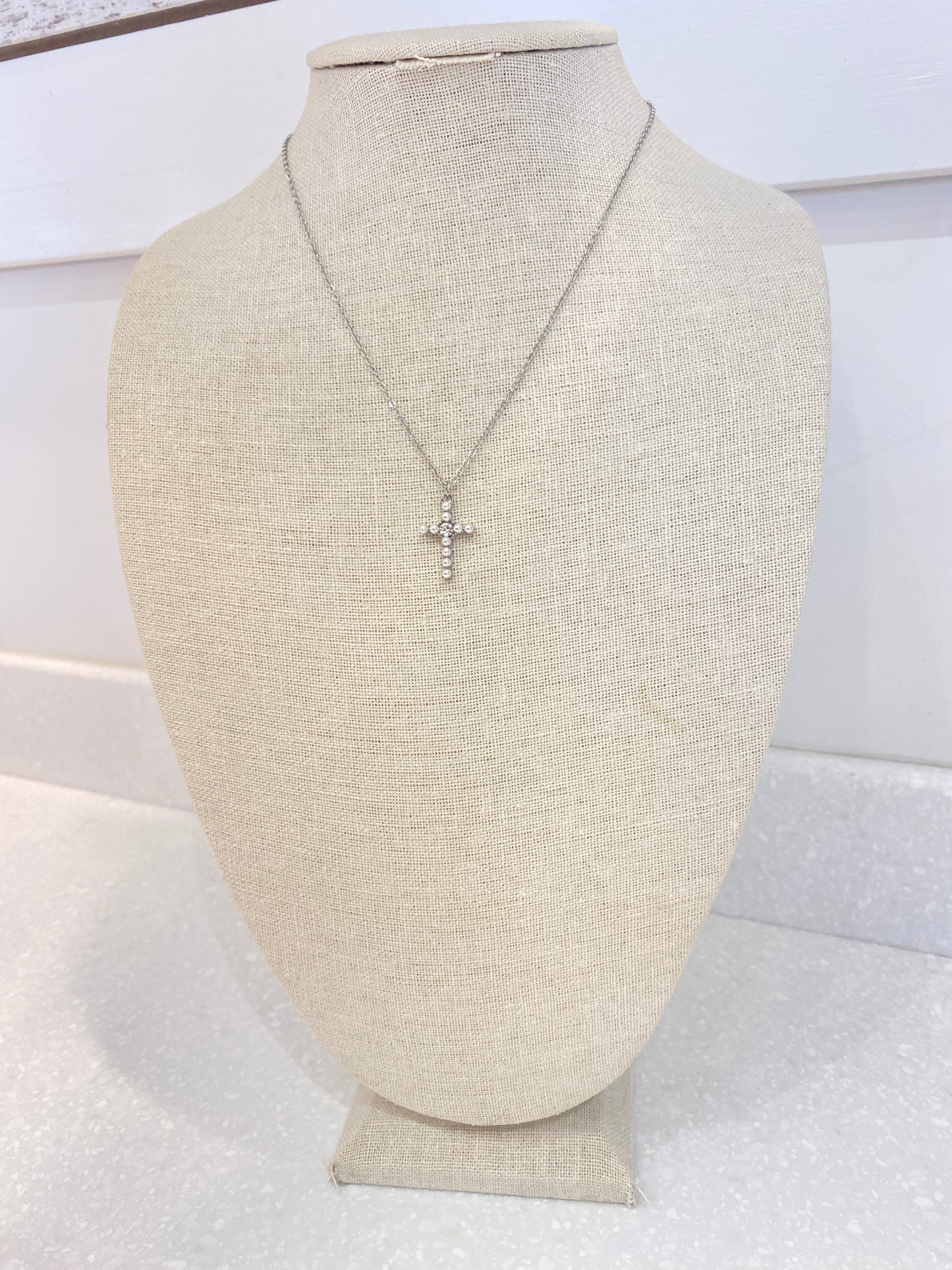 Pearl Silver Cross Necklace