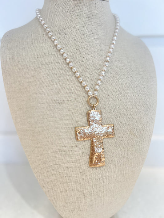 Large Gold Cross Pearl Necklace