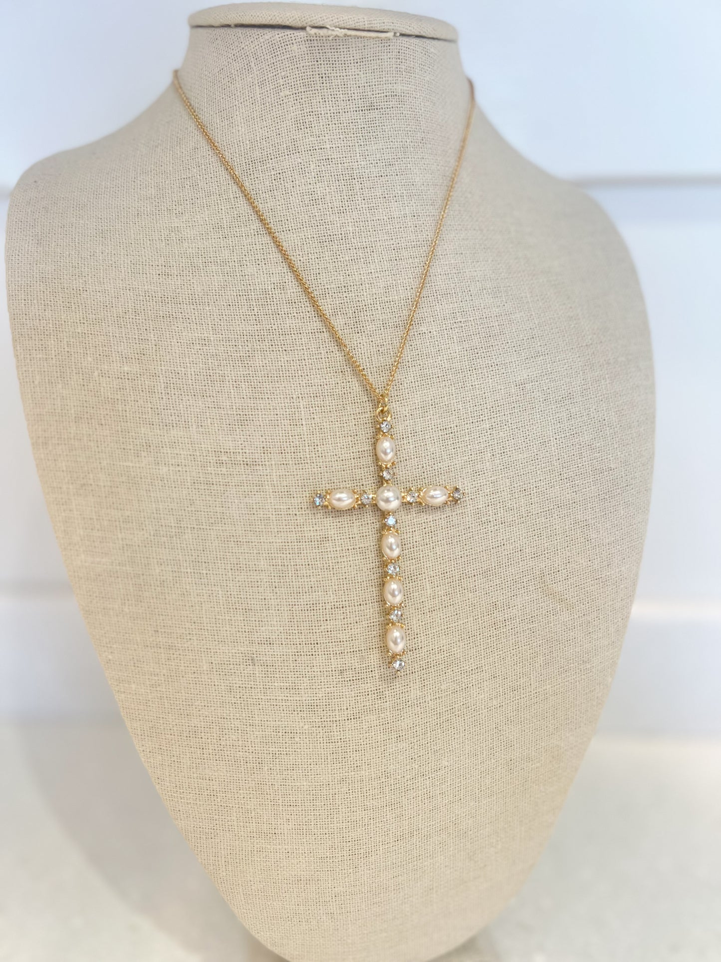 Pearl & Rhinestone Cross Necklace