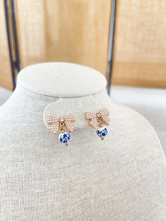 Pearl Bow Heart Earrings