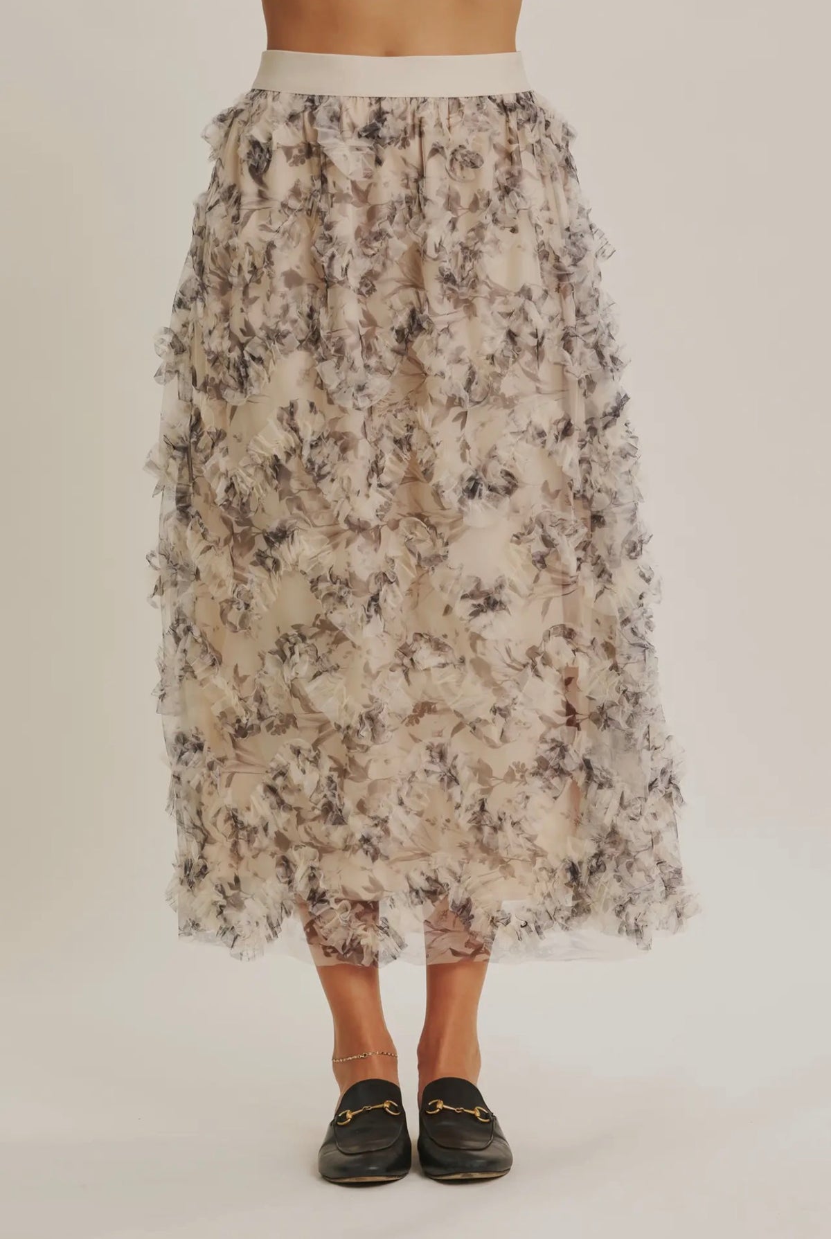 Printed Ruffle Midi Skirt