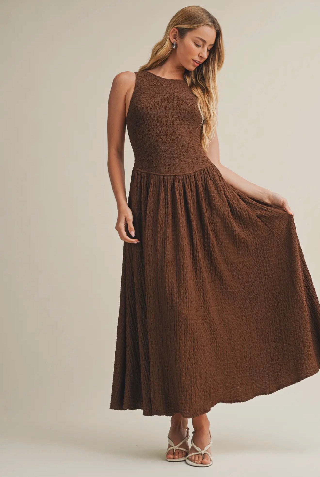 Smocked Drop Waist Midi Dress