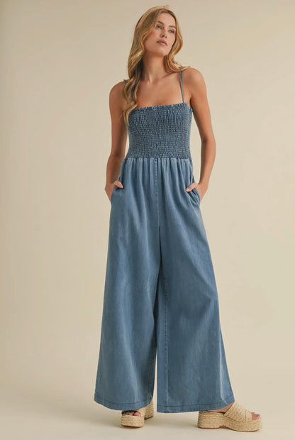 Smocked Denim Jumpsuit