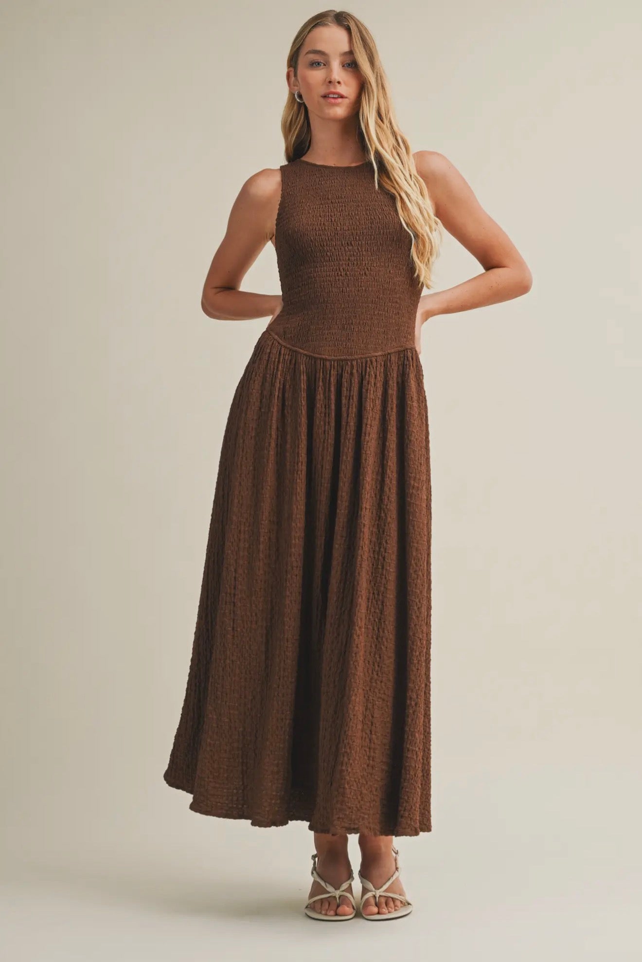 Smocked Drop Waist Midi Dress