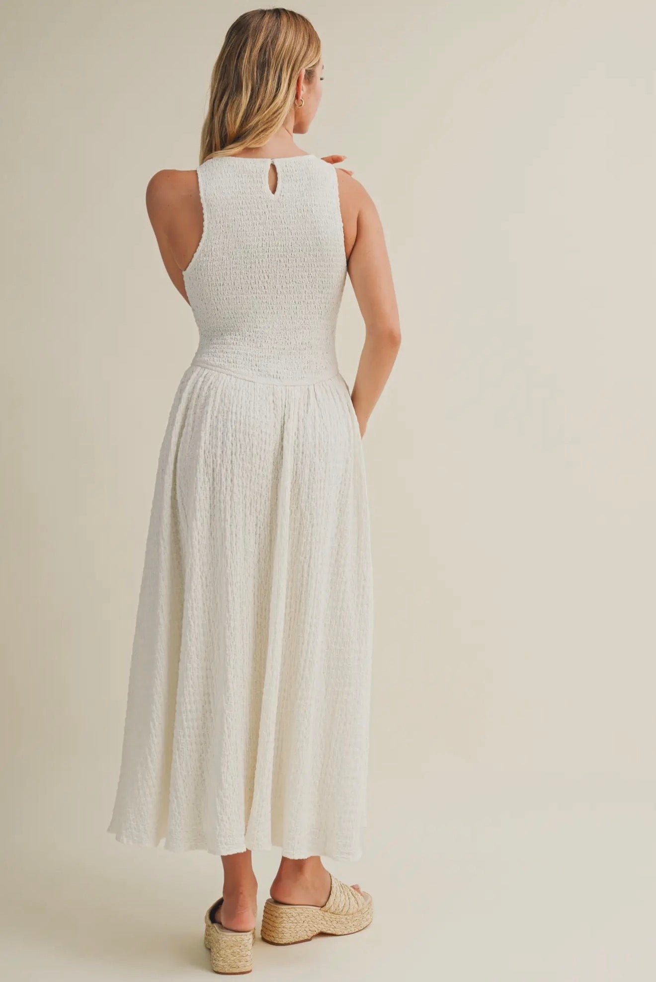 Smocked Drop Waist Midi Dress
