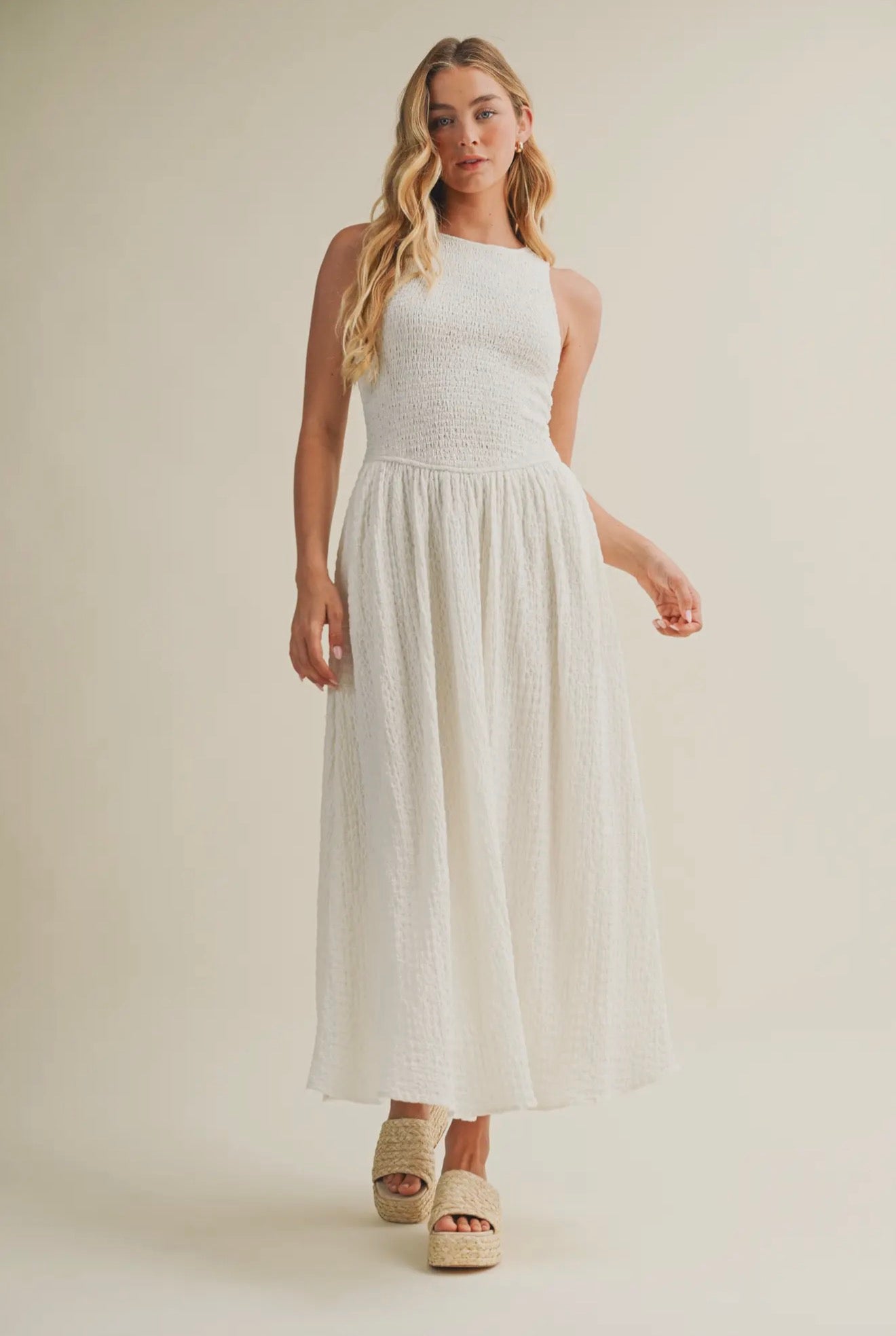 Smocked Drop Waist Midi Dress