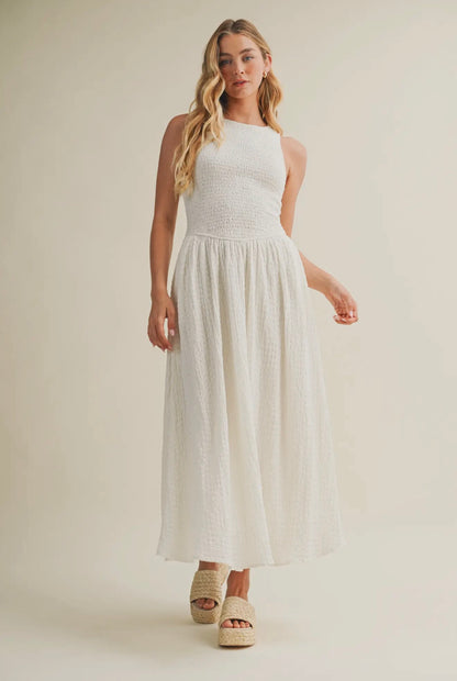 Smocked Drop Waist Midi Dress
