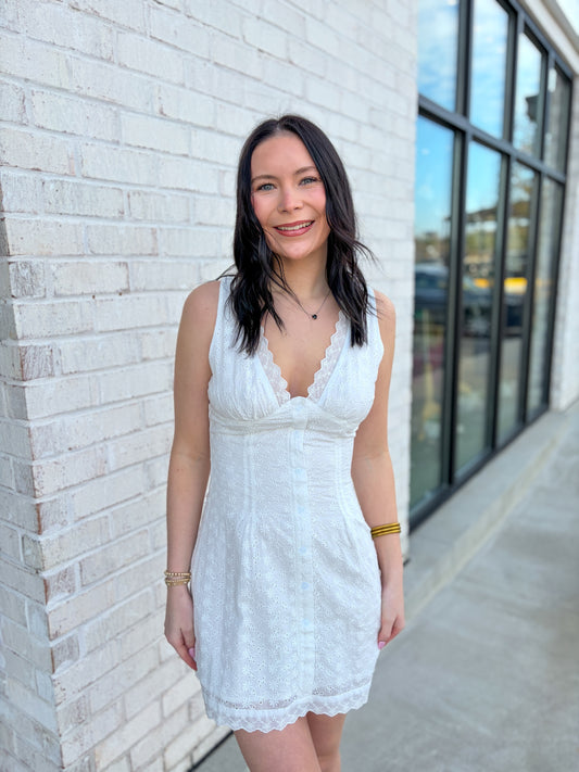 Eyelet V-Neck Mini Dress