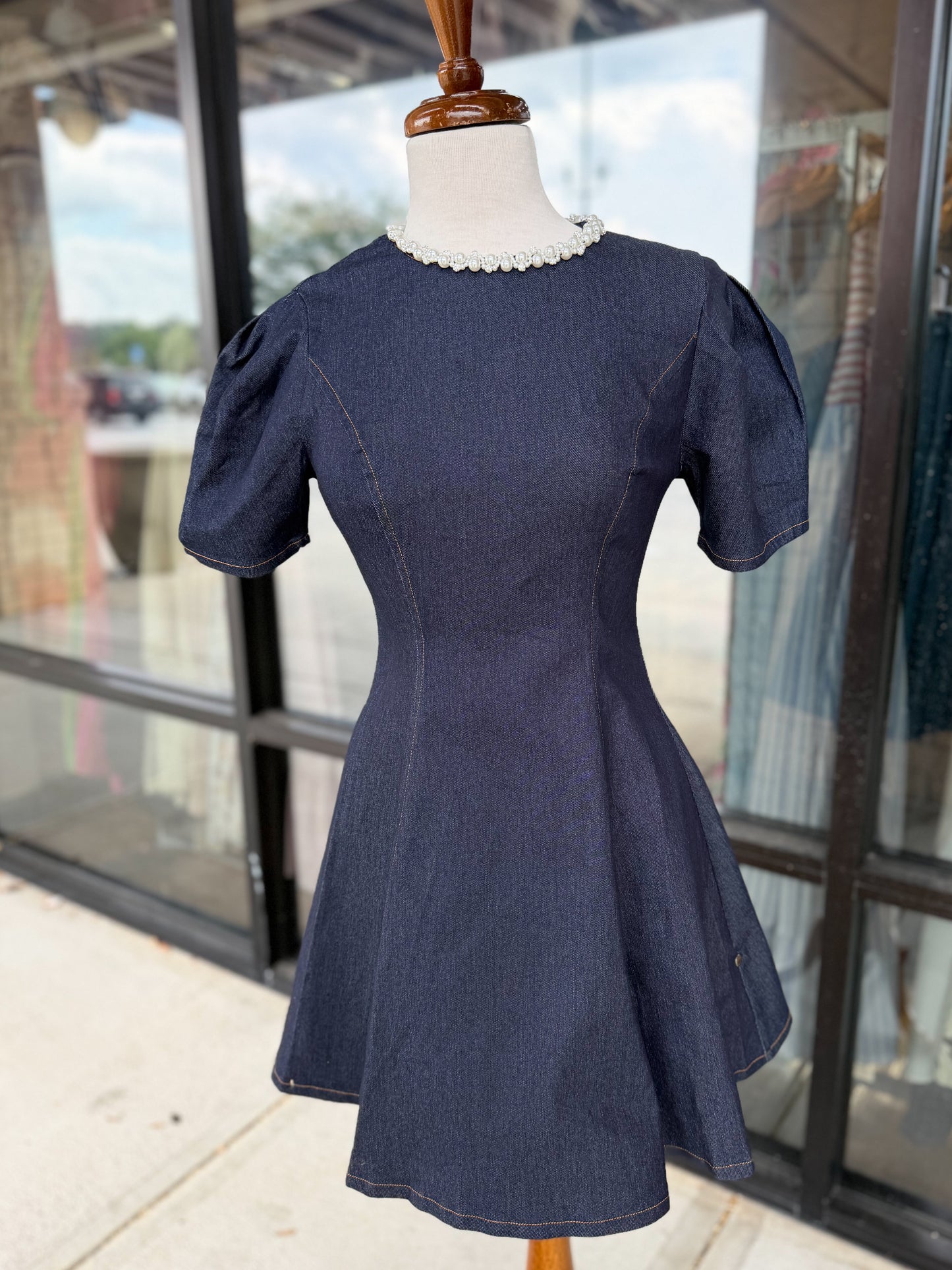 Denim Pearl Mini Dress