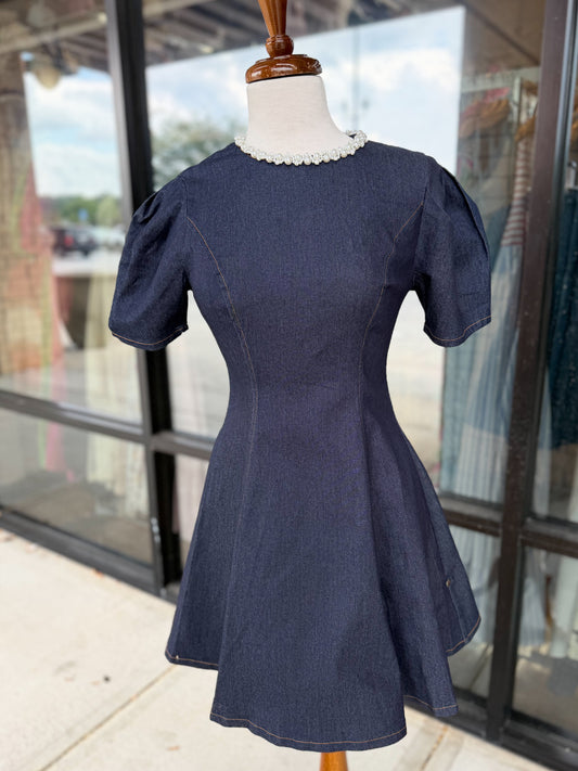 Denim Pearl Mini Dress