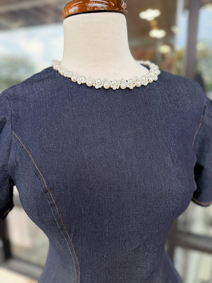Denim Pearl Mini Dress