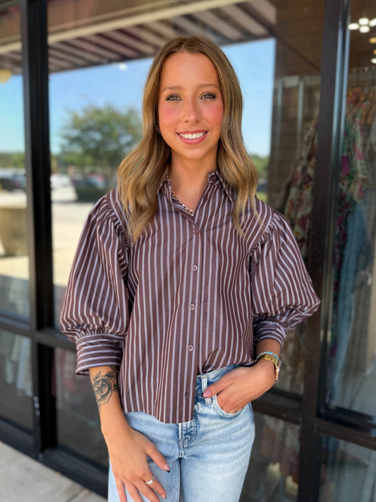 Puff Sleeve Striped Button Up Top