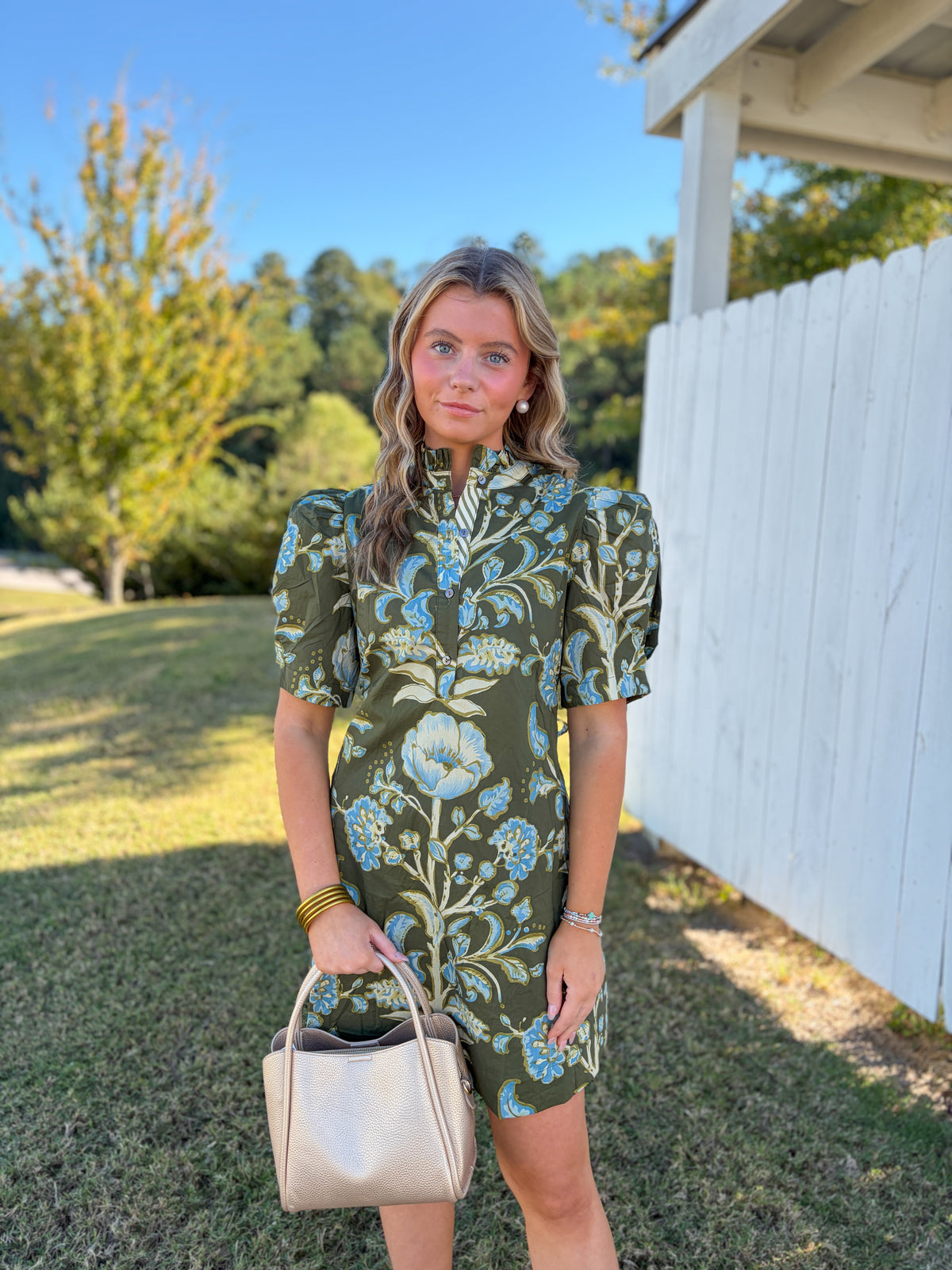 Floral Puff Sleeve Adjustable Dress
